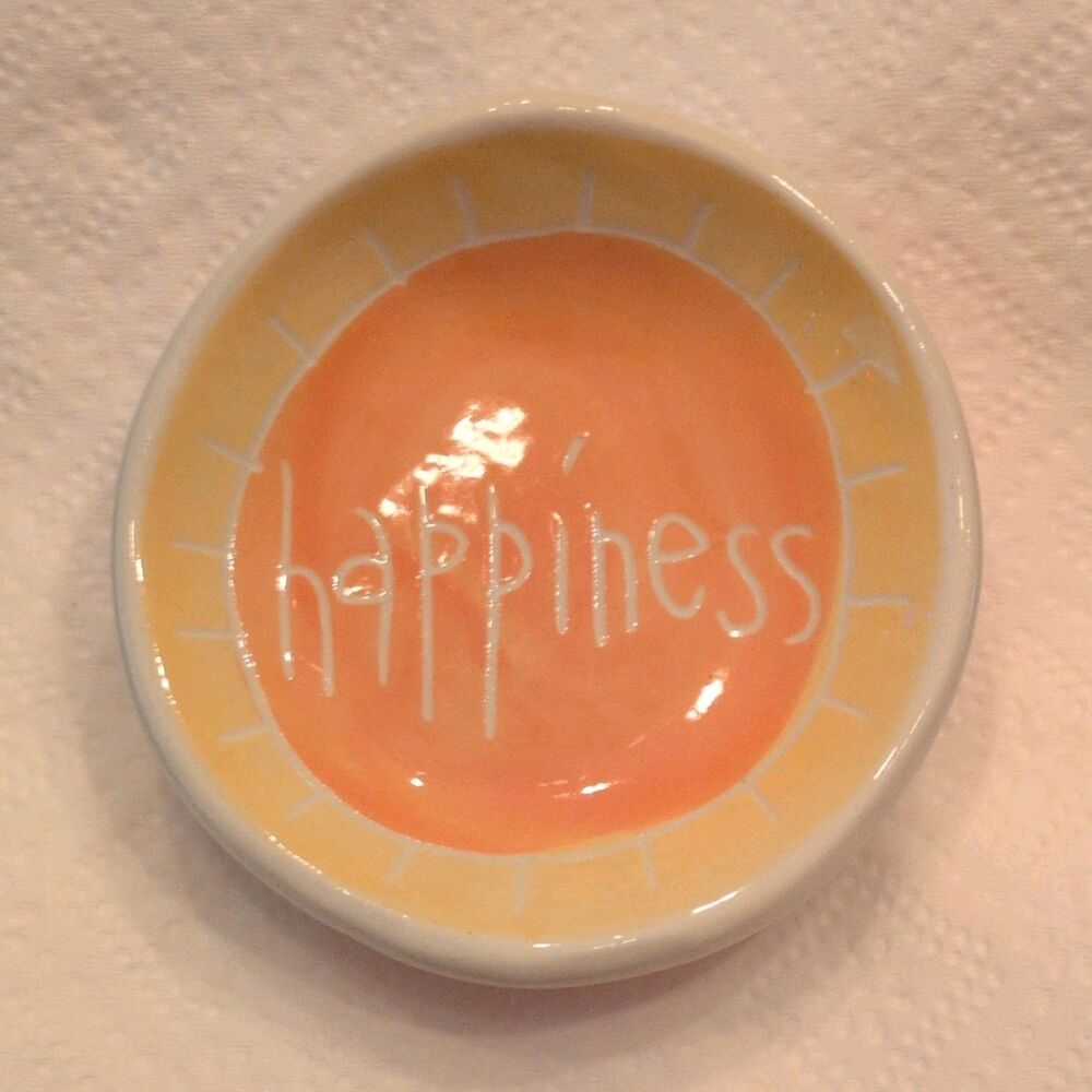 Handmade Ceramic Pottery trinket Dish Orange Yellow White Glossy Round Painted